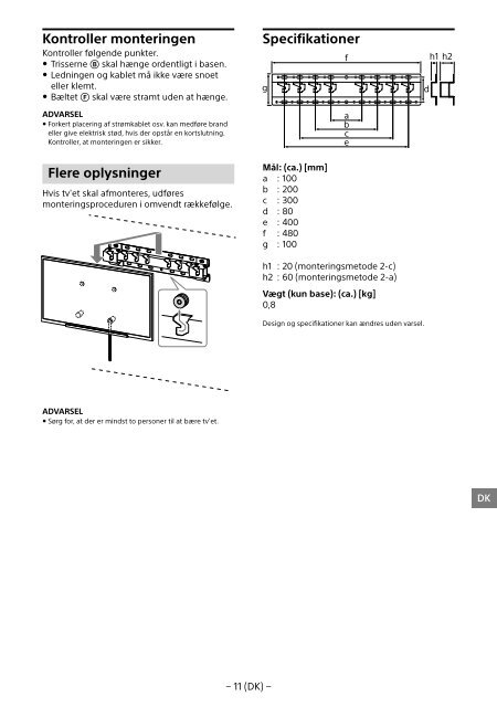 Sony KDL-55W955B - KDL-55W955B Informations d'installation du support de fixation murale Portugais