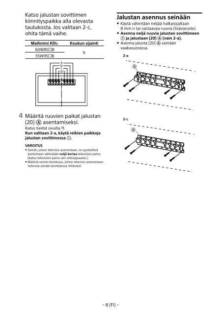 Sony KDL-55W955B - KDL-55W955B Informations d'installation du support de fixation murale Portugais