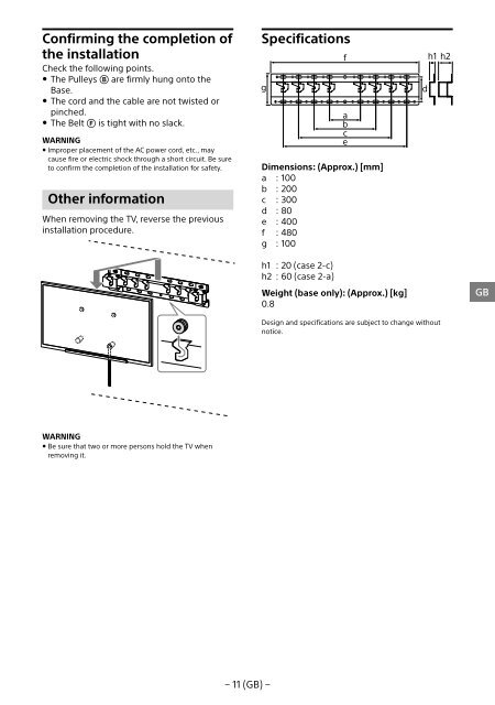 Sony KDL-55W955B - KDL-55W955B Informations d'installation du support de fixation murale Portugais