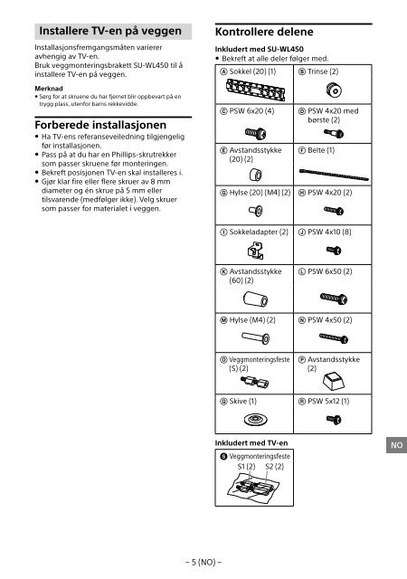 Sony KDL-55W955B - KDL-55W955B Informations d'installation du support de fixation murale Portugais