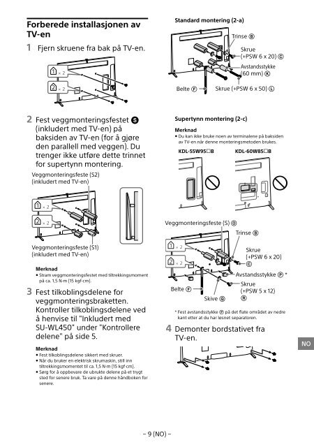 Sony KDL-55W955B - KDL-55W955B Informations d'installation du support de fixation murale Portugais