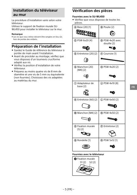 Sony KDL-55W955B - KDL-55W955B Informations d'installation du support de fixation murale Portugais