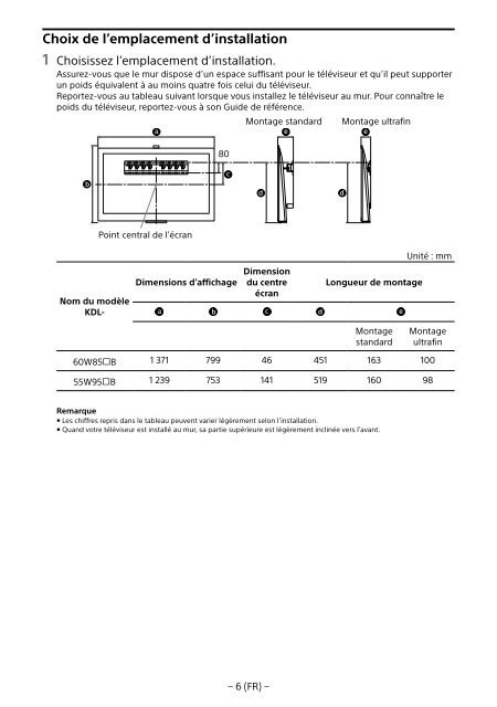 Sony KDL-55W955B - KDL-55W955B Informations d'installation du support de fixation murale Portugais