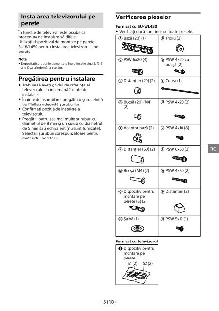 Sony KDL-55W955B - KDL-55W955B Informations d'installation du support de fixation murale Portugais