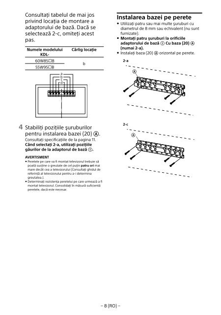 Sony KDL-55W955B - KDL-55W955B Informations d'installation du support de fixation murale Portugais