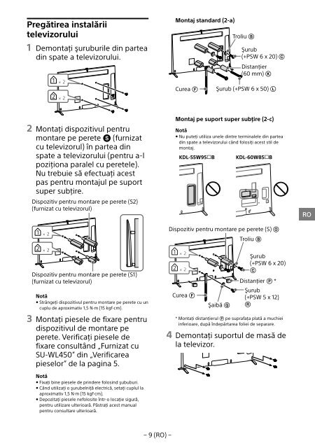 Sony KDL-55W955B - KDL-55W955B Informations d'installation du support de fixation murale Portugais