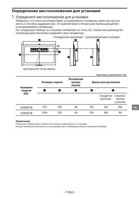 Sony KDL-55W955B - KDL-55W955B Informations d'installation du support de fixation murale Portugais