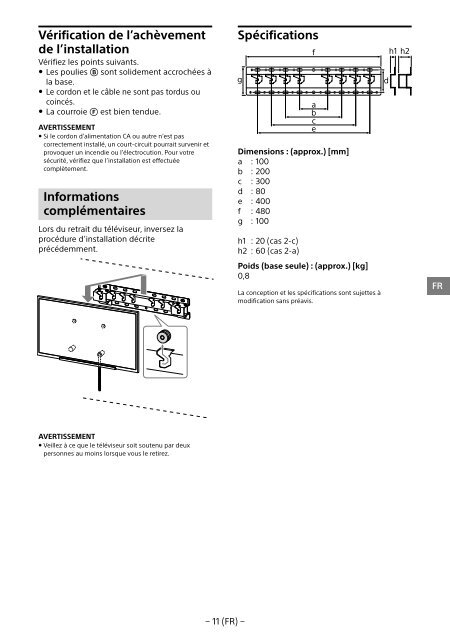 Sony KDL-55W955B - KDL-55W955B Informations d'installation du support de fixation murale Portugais