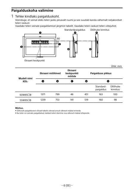 Sony KDL-55W955B - KDL-55W955B Informations d'installation du support de fixation murale Portugais