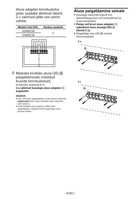 Sony KDL-55W955B - KDL-55W955B Informations d'installation du support de fixation murale Portugais