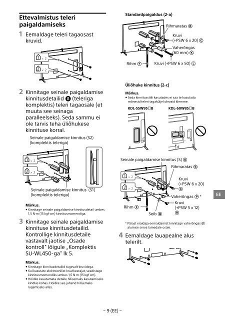 Sony KDL-55W955B - KDL-55W955B Informations d'installation du support de fixation murale Portugais