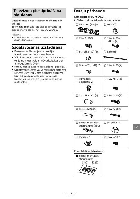 Sony KDL-55W955B - KDL-55W955B Informations d'installation du support de fixation murale Portugais