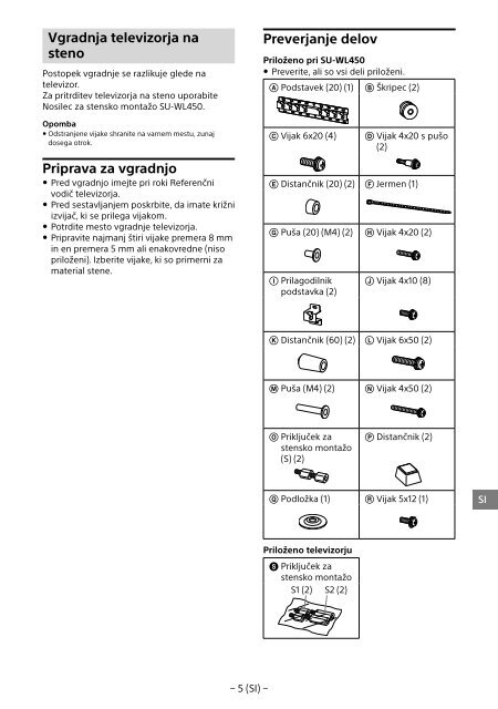 Sony KDL-55W955B - KDL-55W955B Informations d'installation du support de fixation murale Portugais