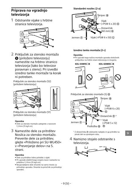 Sony KDL-55W955B - KDL-55W955B Informations d'installation du support de fixation murale Portugais