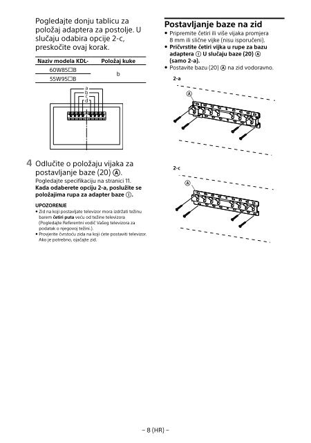 Sony KDL-55W955B - KDL-55W955B Informations d'installation du support de fixation murale Portugais