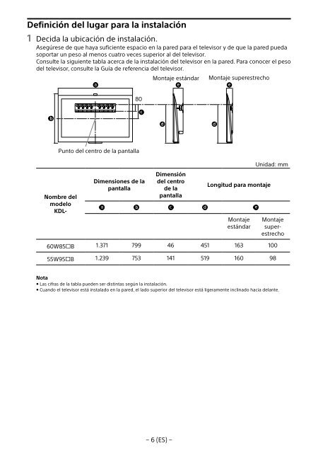 Sony KDL-55W955B - KDL-55W955B Informations d'installation du support de fixation murale Portugais