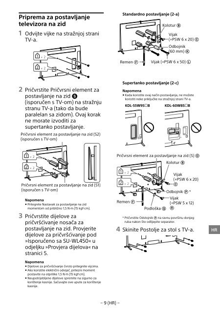 Sony KDL-55W955B - KDL-55W955B Informations d'installation du support de fixation murale Portugais