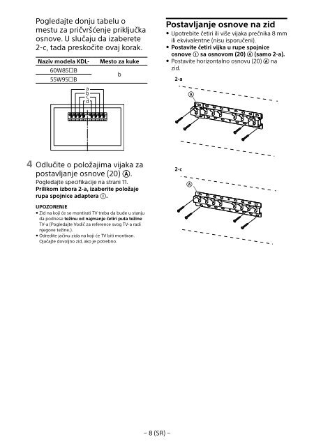 Sony KDL-55W955B - KDL-55W955B Informations d'installation du support de fixation murale Portugais