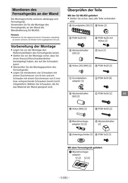 Sony KDL-55W955B - KDL-55W955B Informations d'installation du support de fixation murale Portugais