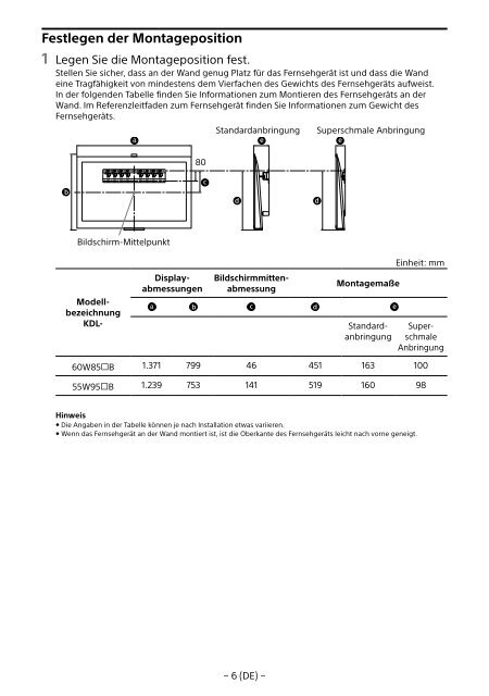 Sony KDL-55W955B - KDL-55W955B Informations d'installation du support de fixation murale Portugais