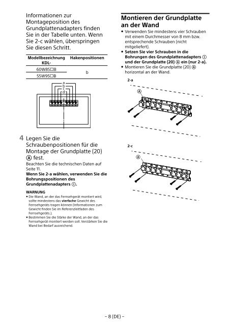 Sony KDL-55W955B - KDL-55W955B Informations d'installation du support de fixation murale Portugais