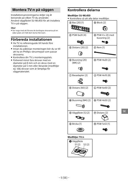 Sony KDL-55W955B - KDL-55W955B Informations d'installation du support de fixation murale Portugais