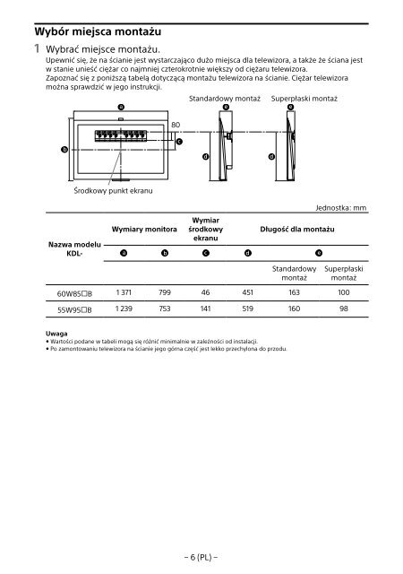 Sony KDL-55W955B - KDL-55W955B Informations d'installation du support de fixation murale Portugais