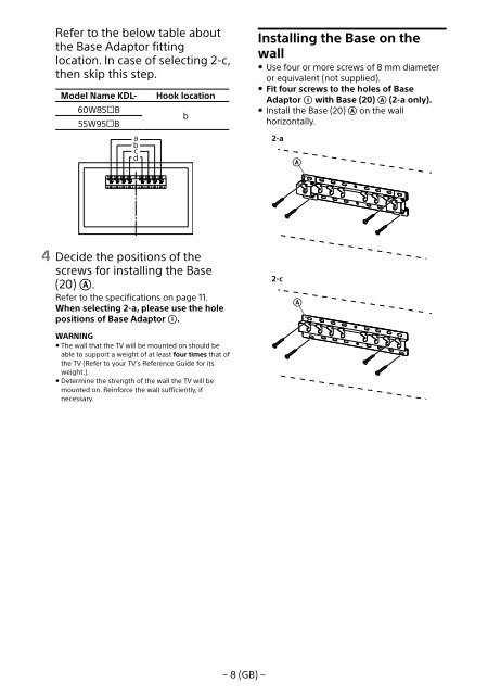 Sony KDL-55W955B - KDL-55W955B Informations d'installation du support de fixation murale Portugais