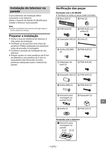 Sony KDL-55W955B - KDL-55W955B Informations d'installation du support de fixation murale Portugais