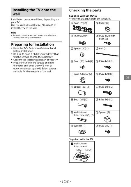 Sony KDL-55W955B - KDL-55W955B Informations d'installation du support de fixation murale Russe