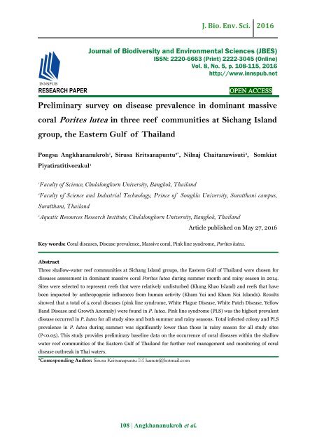 Preliminary survey on disease prevalence in dominant massive coral Porites luteain three reef communities at Sichang Island group, the Eastern Gulf of Thailand