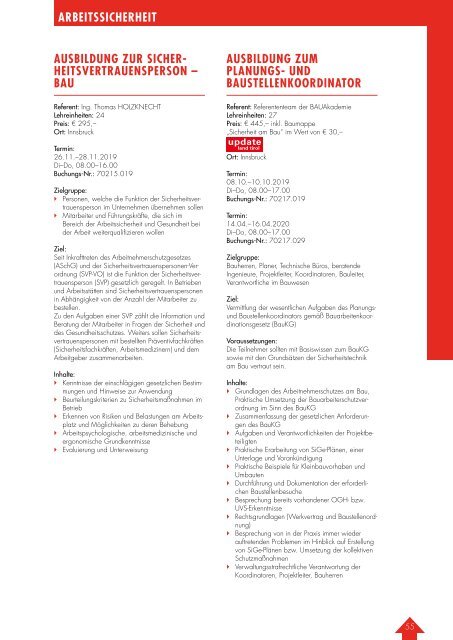 Bauakademie Tirol Kursprogramm 2019-20