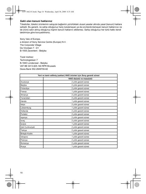 Sony VGN-FW11LR - VGN-FW11LR Documents de garantie Turc