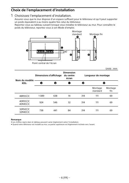 Sony KDL-48R553C - KDL-48R553C Informations d'installation du support de fixation murale Portugais