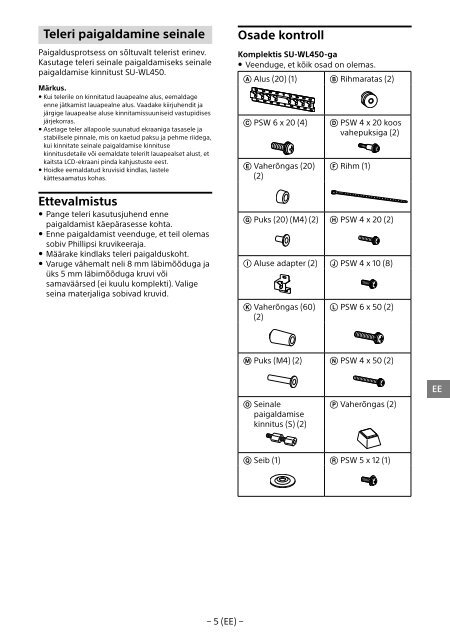 Sony KDL-48R553C - KDL-48R553C Informations d'installation du support de fixation murale Portugais