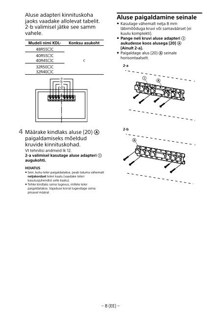 Sony KDL-48R553C - KDL-48R553C Informations d'installation du support de fixation murale Portugais