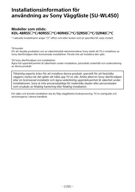 Sony KDL-48R553C - KDL-48R553C Informations d'installation du support de fixation murale Portugais