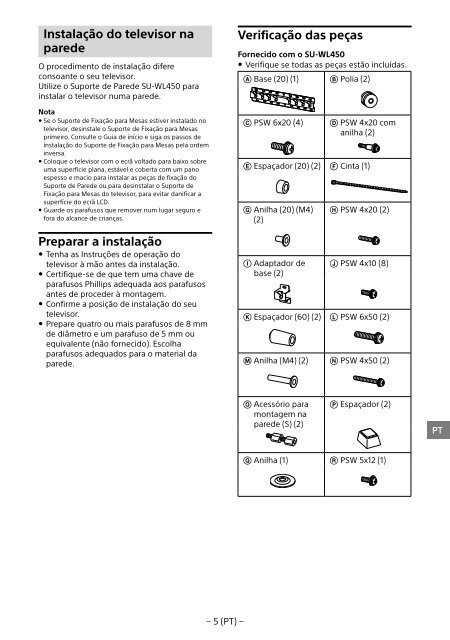 Sony KDL-48R553C - KDL-48R553C Informations d'installation du support de fixation murale Portugais