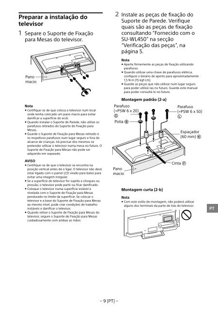 Sony KDL-48R553C - KDL-48R553C Informations d'installation du support de fixation murale Portugais