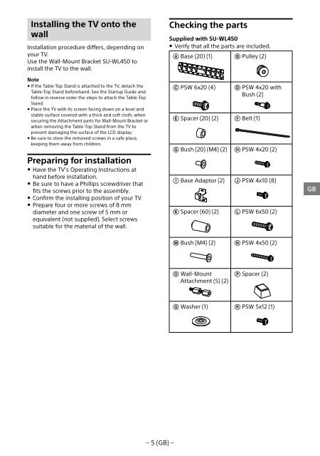 Sony KDL-48R553C - KDL-48R553C Informations d'installation du support de fixation murale Letton