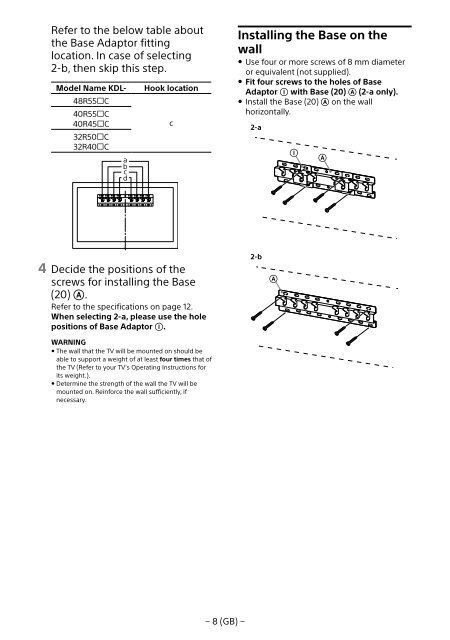 Sony KDL-48R553C - KDL-48R553C Informations d'installation du support de fixation murale Turc