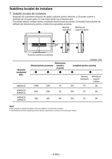 Sony KDL-48R553C - KDL-48R553C Informations d'installation du support de fixation murale Bulgare