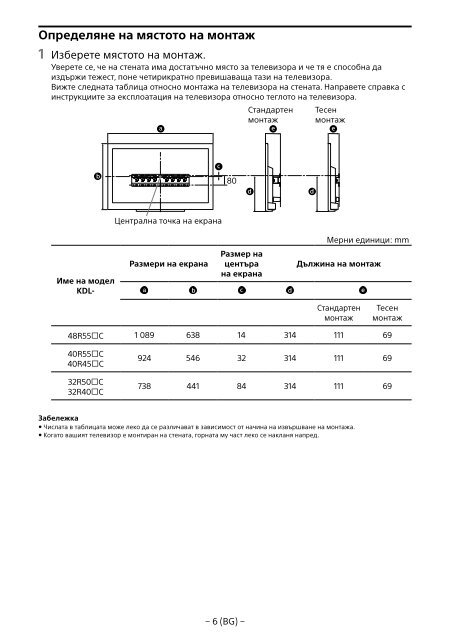 Sony KDL-48R553C - KDL-48R553C Informations d'installation du support de fixation murale Bulgare