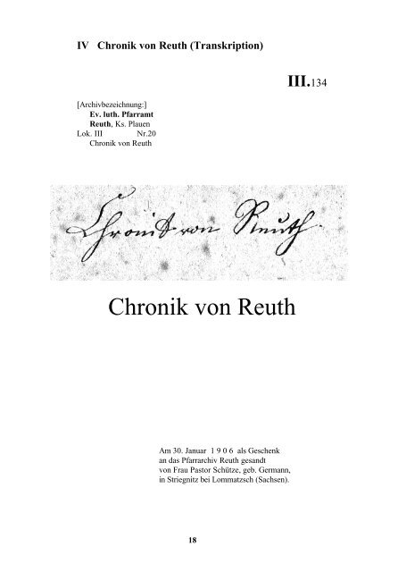 Vorwort zur '1. Chronik von Reuth' - der Kirche-Reuth