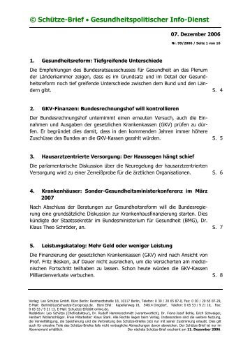 © Schütze-Brief • Gesundheitspolitischer Info-Dienst