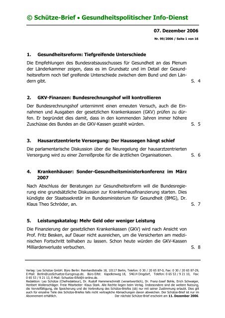 © Schütze-Brief • Gesundheitspolitischer Info-Dienst