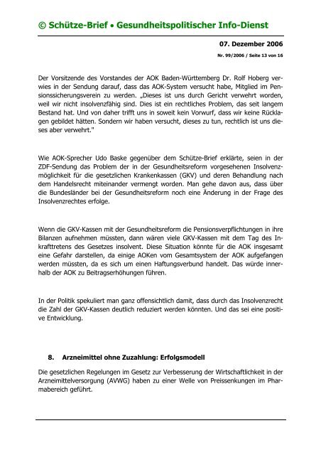 © Schütze-Brief • Gesundheitspolitischer Info-Dienst