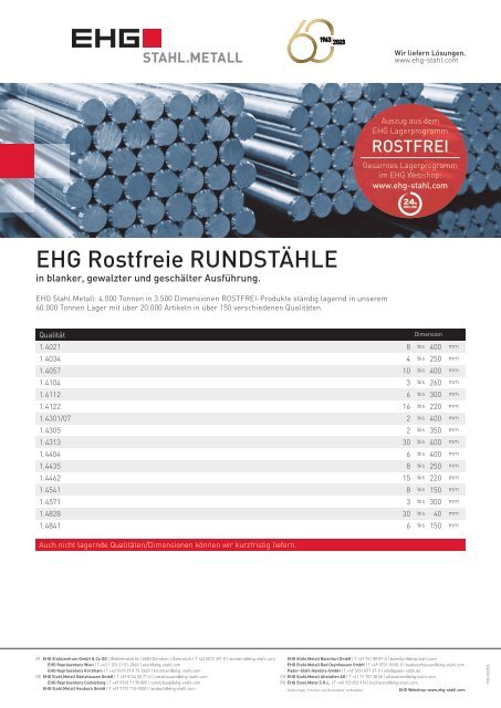 EHG Produktblatt Rostfrei Rundstahl DE 2023