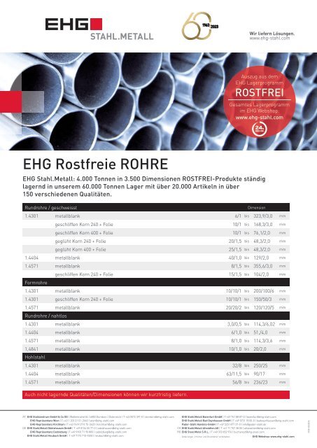 EHG Produktblatt Rostfrei Rohre DE 2023