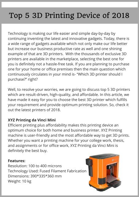 Best 5 3D Printing Device in the Market